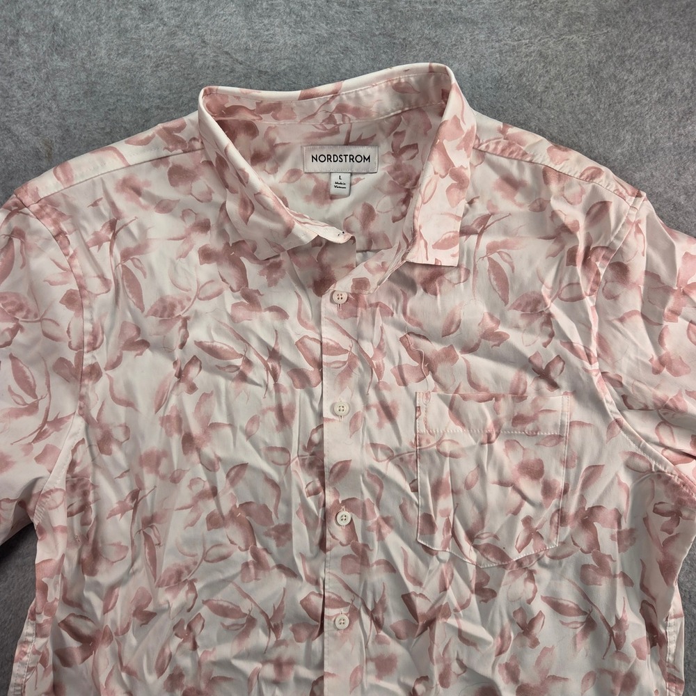 Nordstrom Button Down Men Large Pink White Leaf Print Short Sleeve Casual Shirt